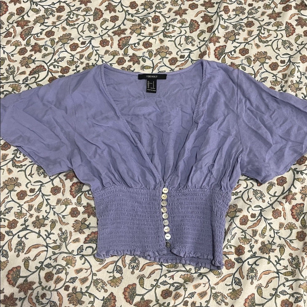 Forever 21 Purple Smocked Button-Down Top
